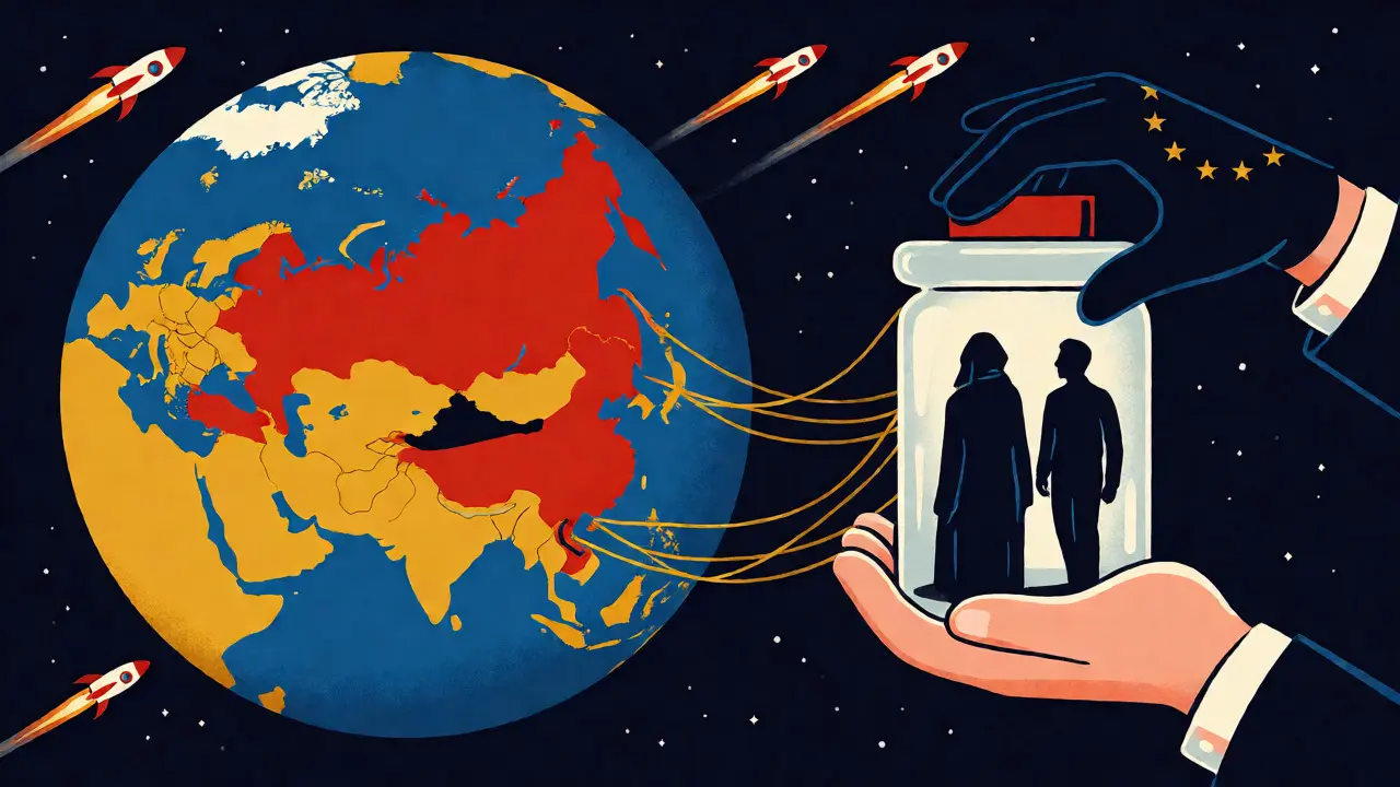 Broken golden threads connecting Russia and Germany on a globe