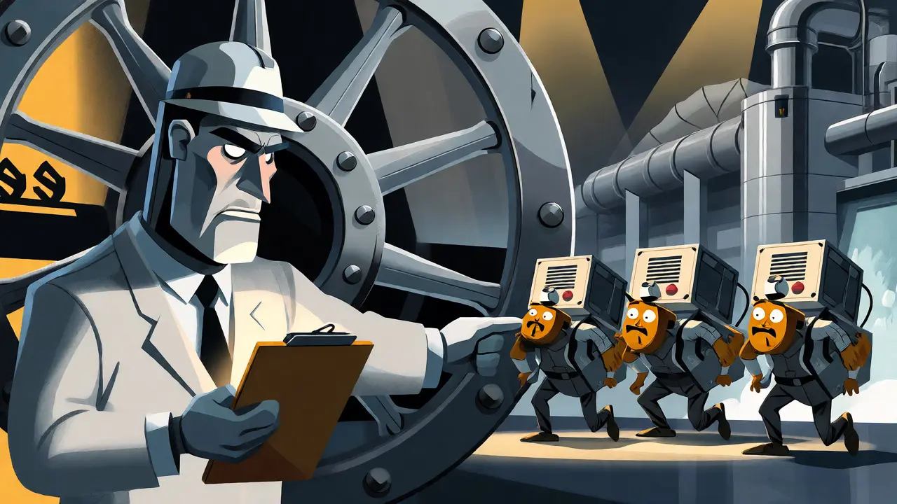 Cartoon gatekeeper blocking miners at a stylized power grid switch