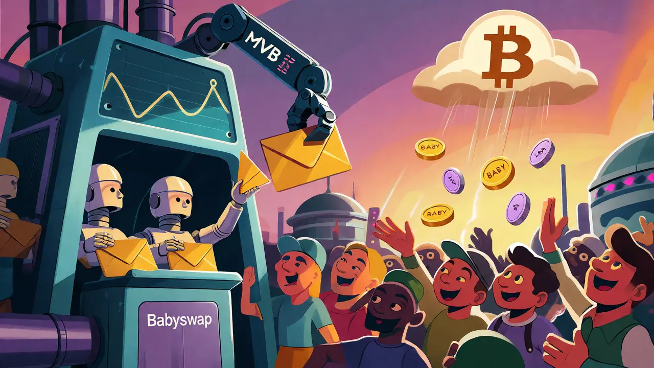 Cartoon illustration contrasting BabySwap developer grants with Babylon user token airdrops.
