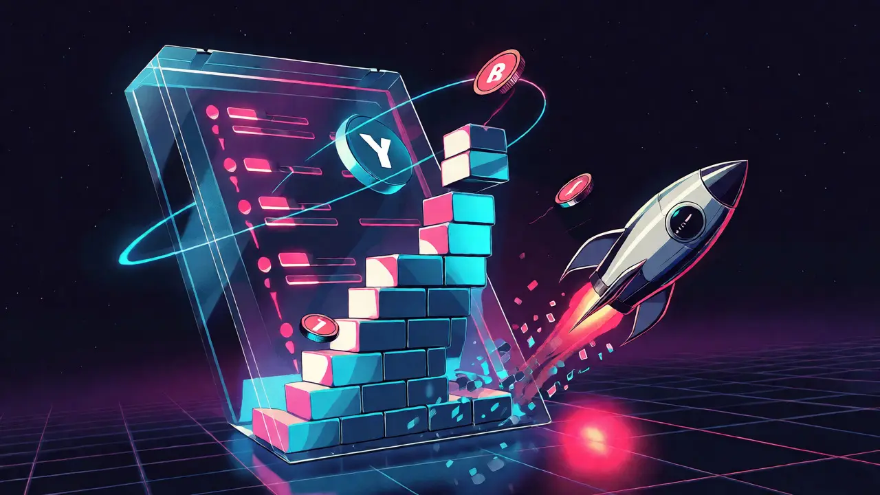 Chaotic blockchain ledger with rocket launch and crypto symbols