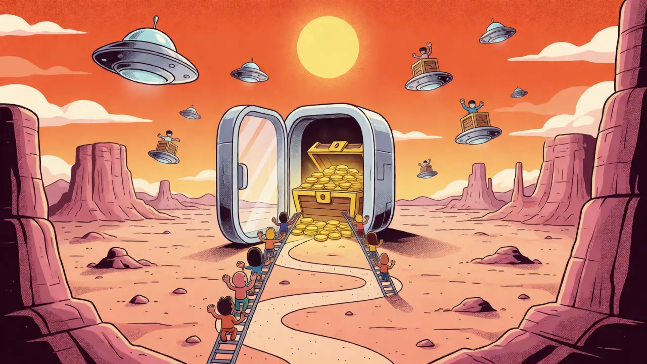 Community climbing toward a vault of golden tokens in a sci-fi desert