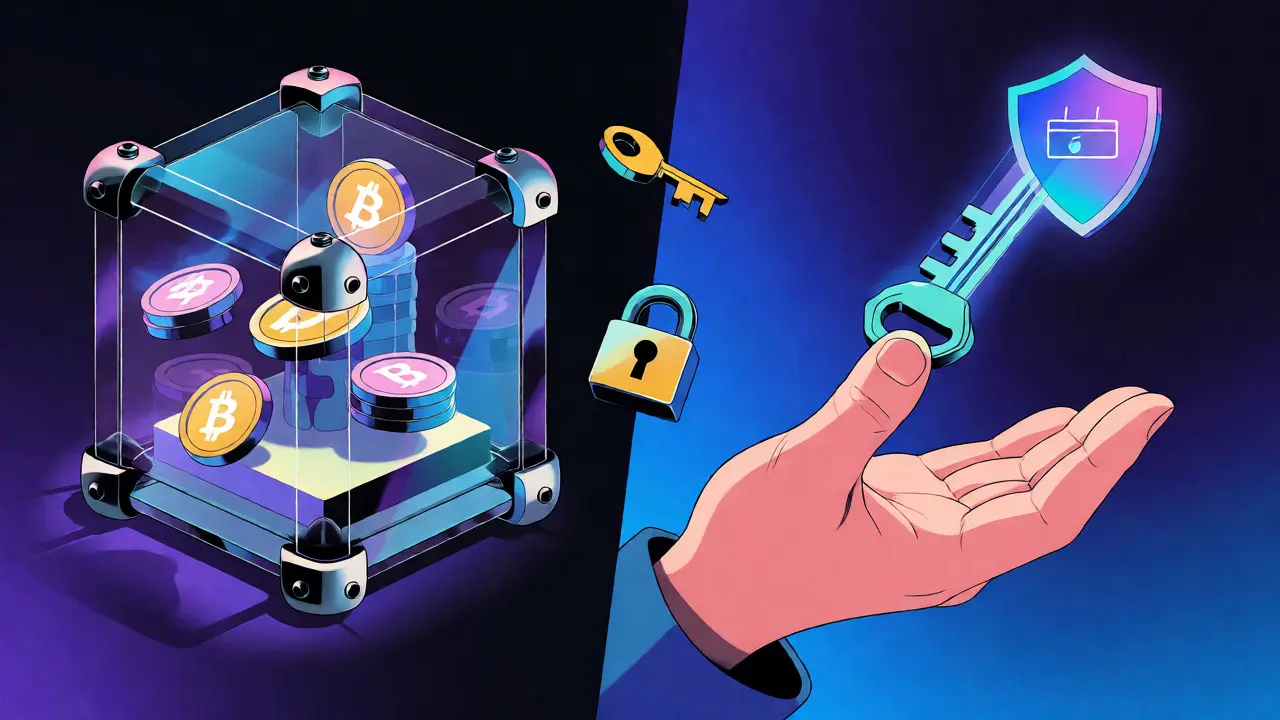 Conceptual art showing the balance between centralized vaults and self-custody keys.