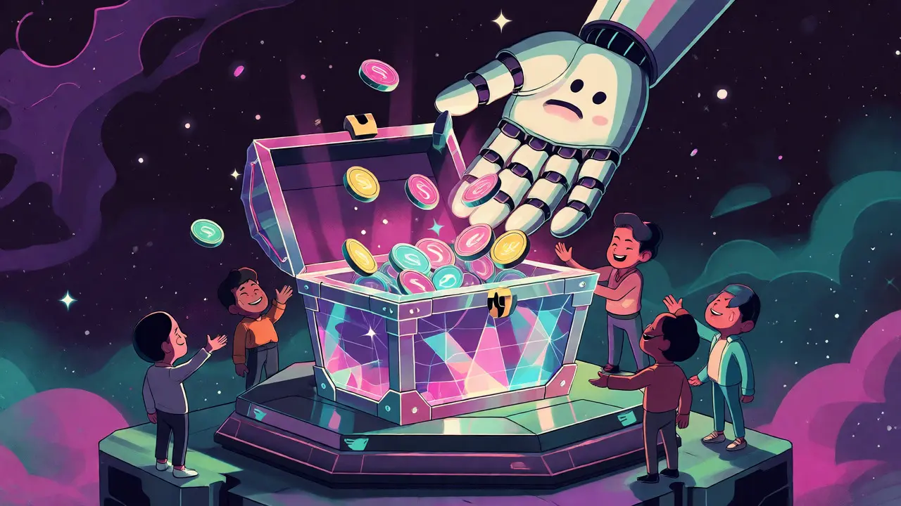 Crystal chest releasing tokens to avatars under a robotic hand