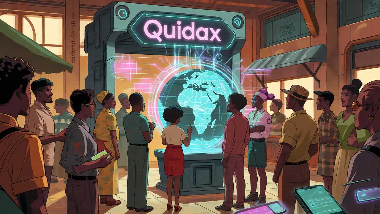 Diverse African community connecting via digital streams to a futuristic fintech hub.