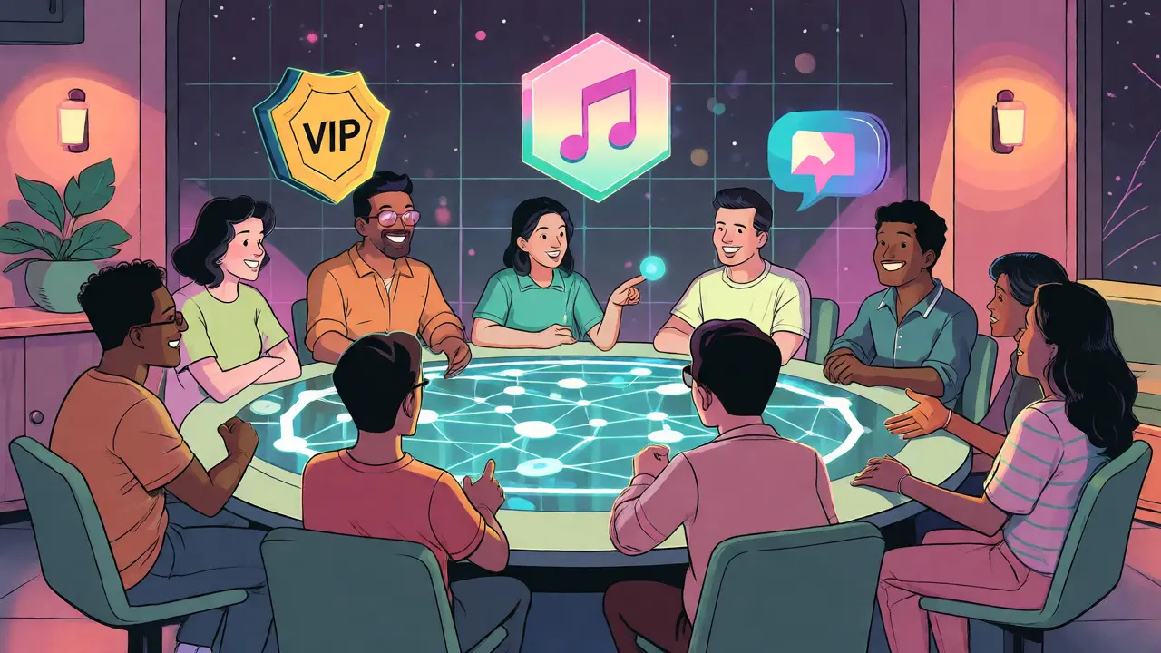 Diverse group of creators and fans connecting via holographic NFT utility icons in a community setting.