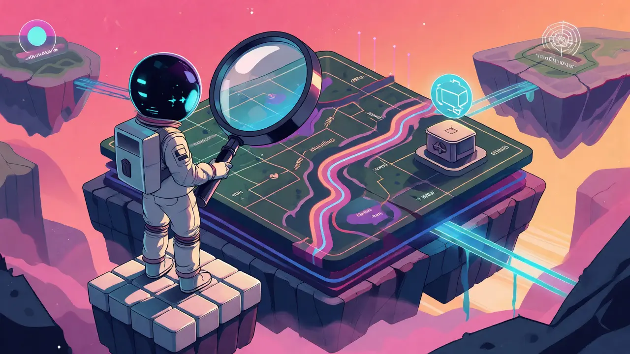 Explorer navigating a retro-futuristic DeFi landscape mapping staking versus liquidity mining strategies.