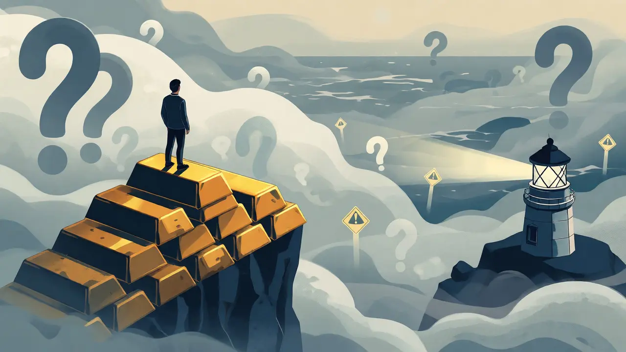 Figure on gold cliff overlooking foggy ocean with warning signs