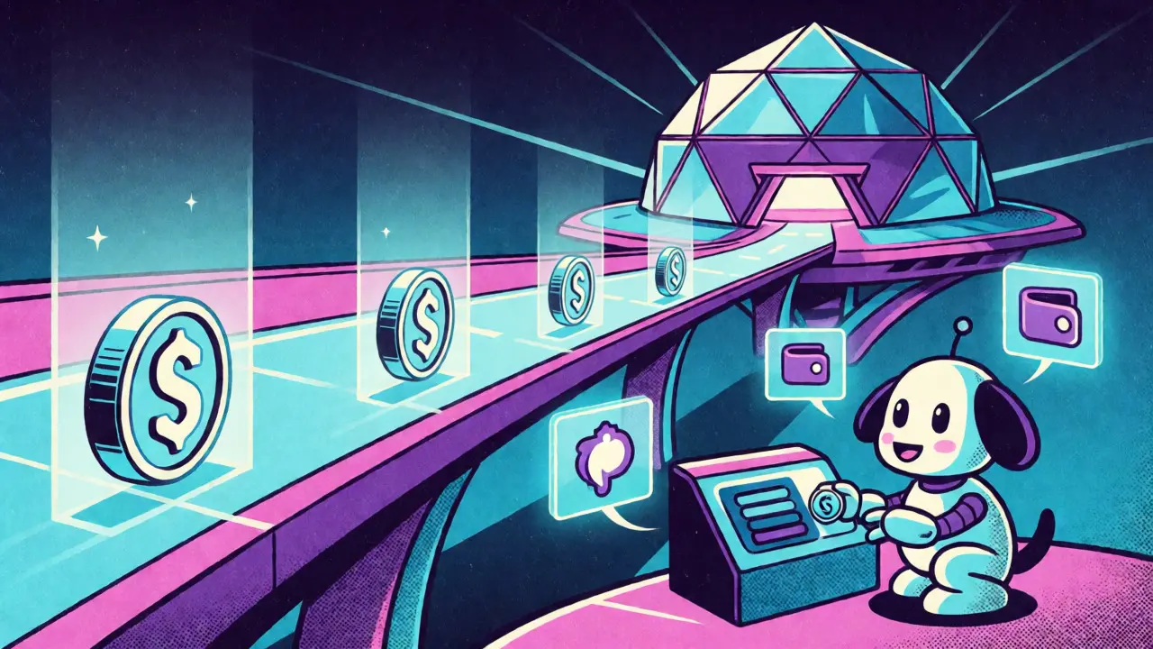 Futuristic robot dog trading tokens on a glowing Solana blockchain highway
