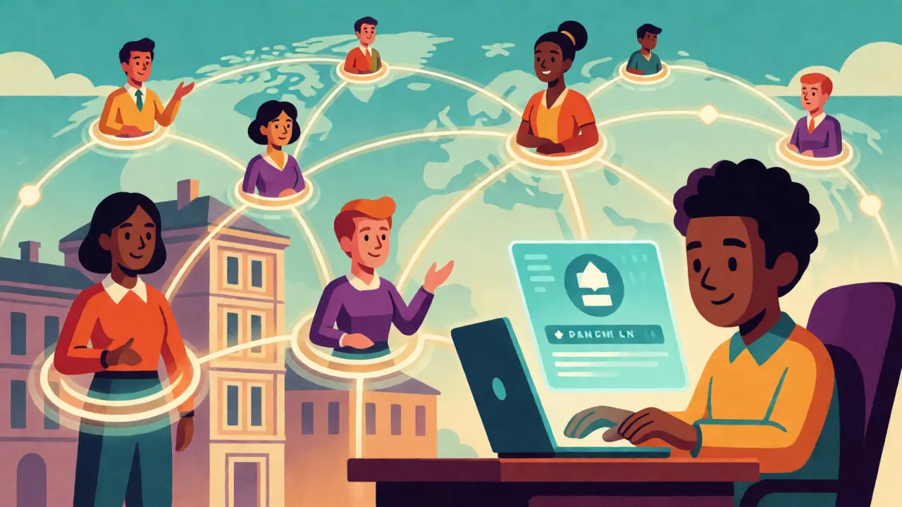 Global network of developers connected by blockchain lines