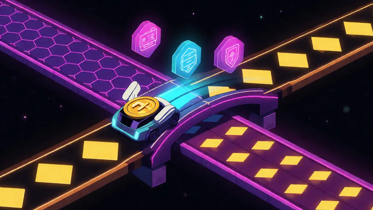 Golden coin bridging Ethereum and BSC networks in a neon-lit cosmic retro-futuristic scene.