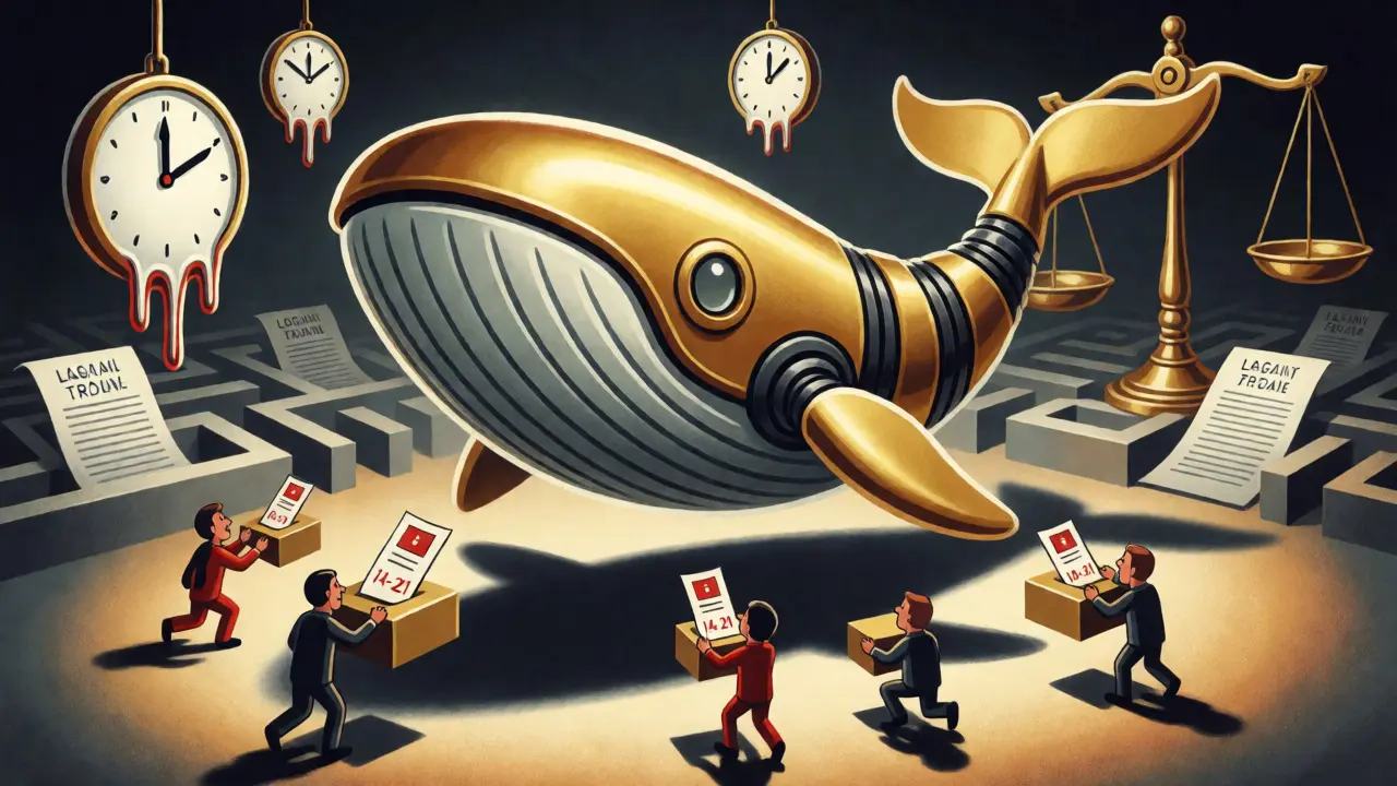 Golden whale robot overshadowing small voters and melting clocks