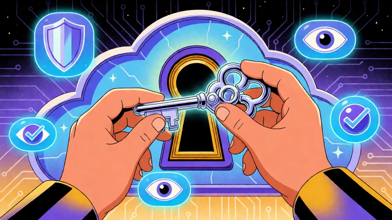 Hands holding a crystal key controlling encrypted cloud backup interface