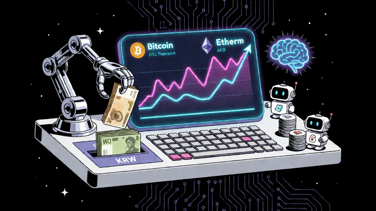 Holographic crypto charts and AI icons alongside KRW deposits in a space-themed retro illustration.