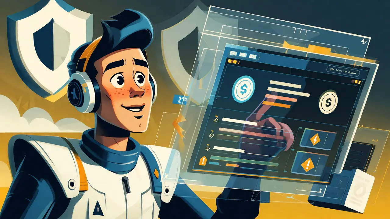 Illustration of a user navigating a complex holographic crypto interface with security shields in the background.