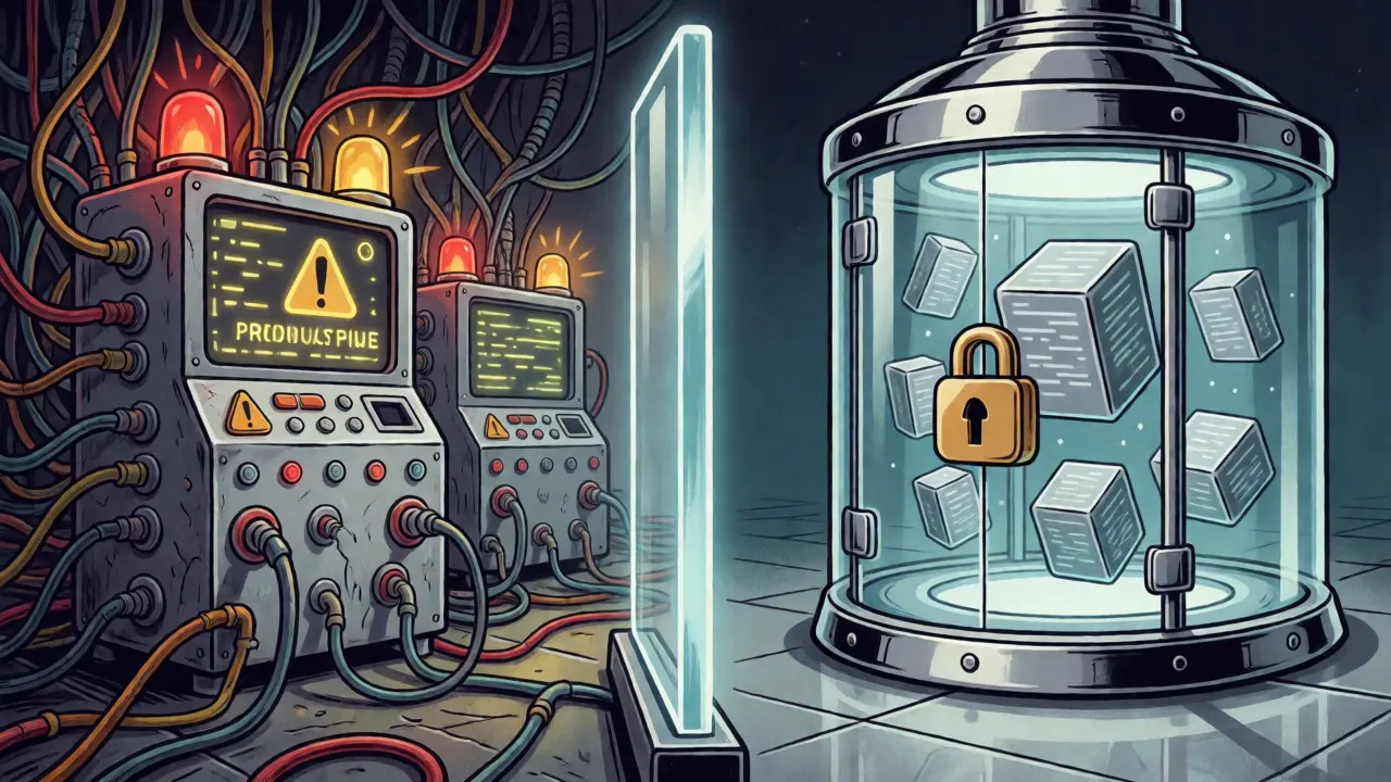 Illustration of air-gapped backup vault separated from chaotic production network