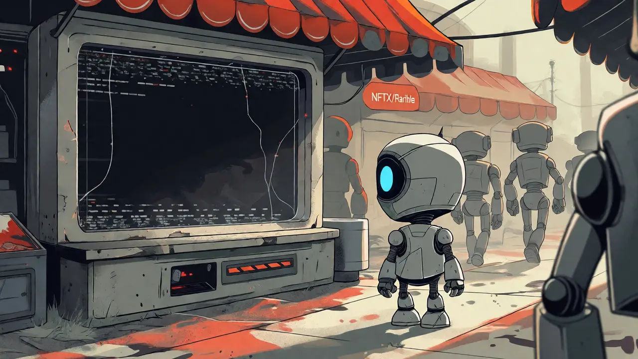 Lone robot in a stagnant futuristic marketplace representing low adoption