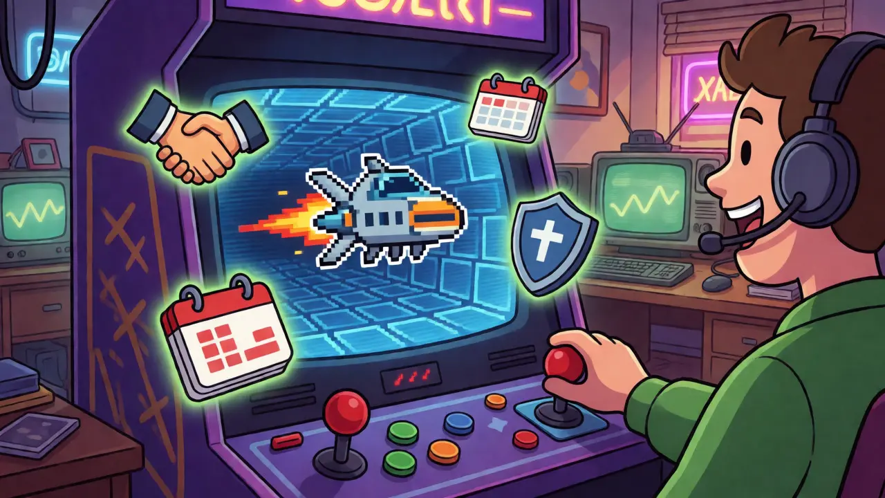 Player navigating a blockchain-themed retro arcade game interface