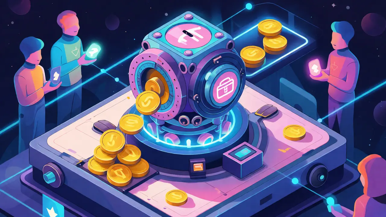 Retro-futuristic clockwork engine distributing royalty payments from secondary NFT sales.