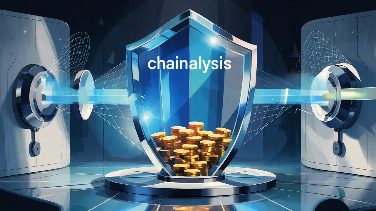 Retro-futuristic illustration of a secure crypto vault protected by Chainalysis monitoring shields.