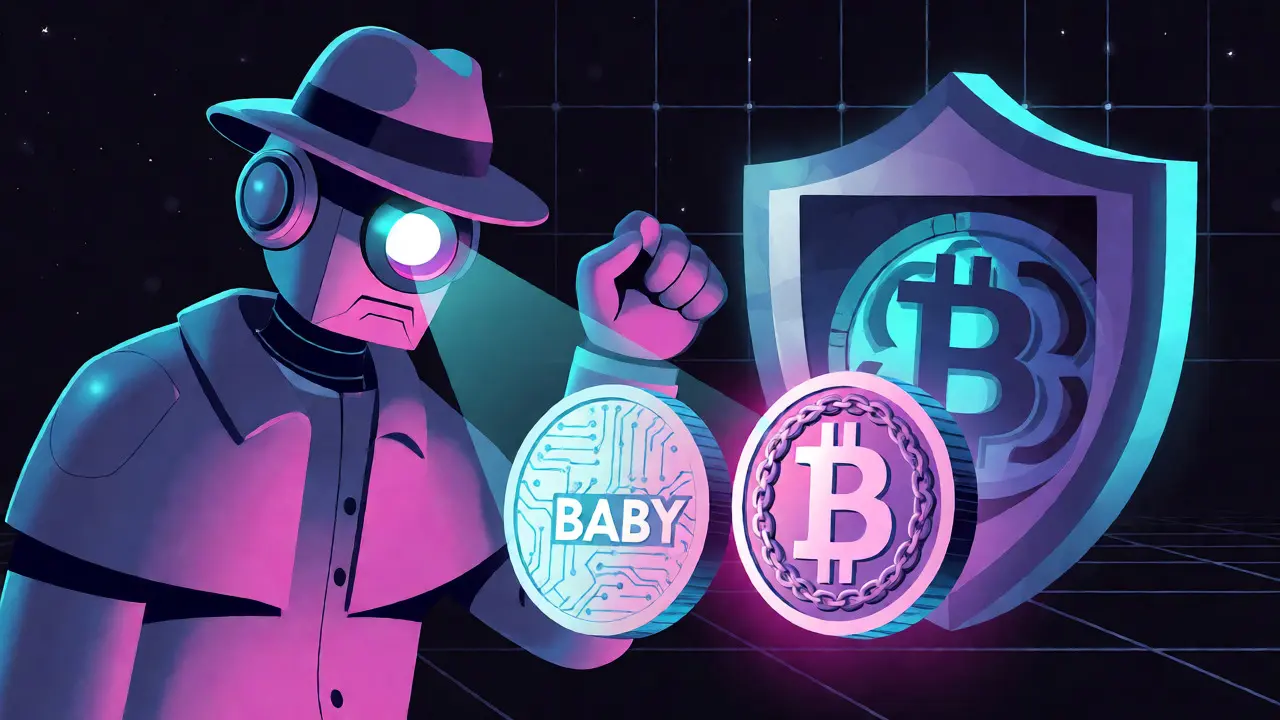 Robot detective scanning two different BABY tokens to distinguish BSC DEX from Bitcoin layer.