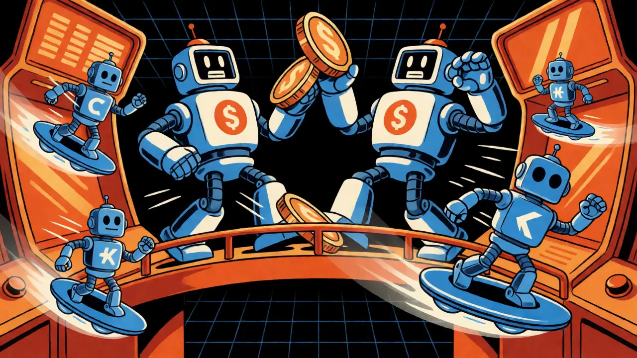Robots struggling to move coins on a narrow bridge while others zoom by.