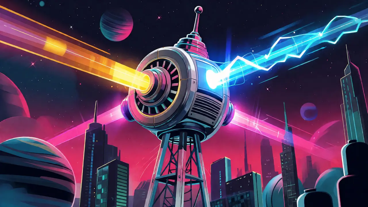 Sci-fi cartoon of a central router hub sending energy beams to various blockchain planets, symbolizing omnichain swaps.