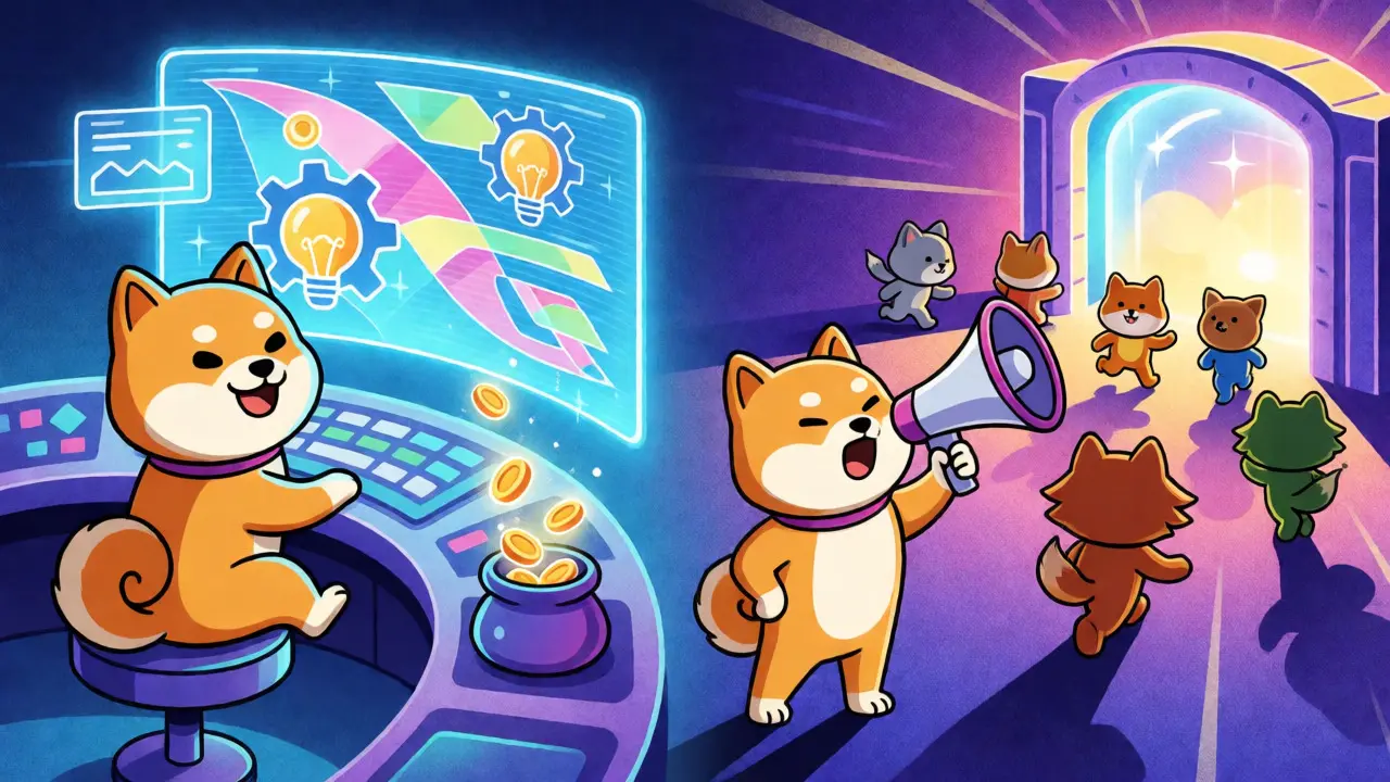 Shiba Inus earning crypto through educational tasks and referrals in a colorful cartoon scene.