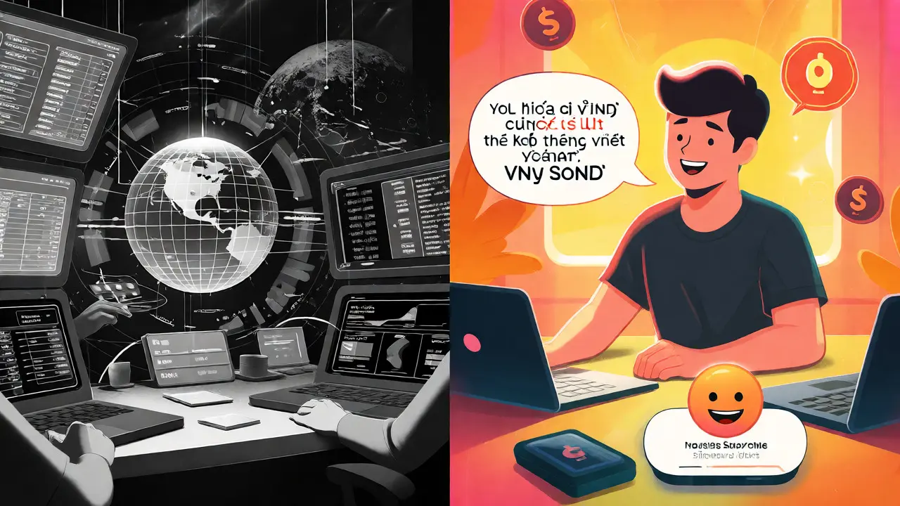 Split-screen cartoon comparing complex global exchanges with Nami's localized, user-friendly service.