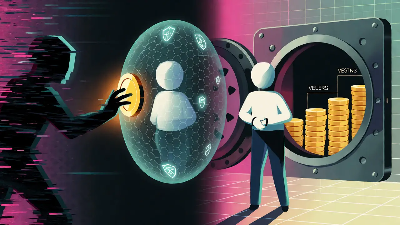 Split-screen concept showing crypto security risks and vesting rewards.