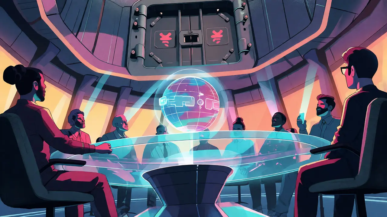 Stylized avatars voting in a futuristic DAO council chamber with a locked vault overhead.