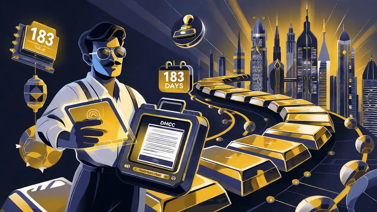 Stylized entrepreneur holding documents moving along a path to futuristic Dubai skyline.