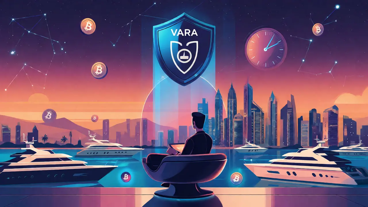 Trader in Dubai viewing floating crypto assets with VARA regulatory shield overhead.