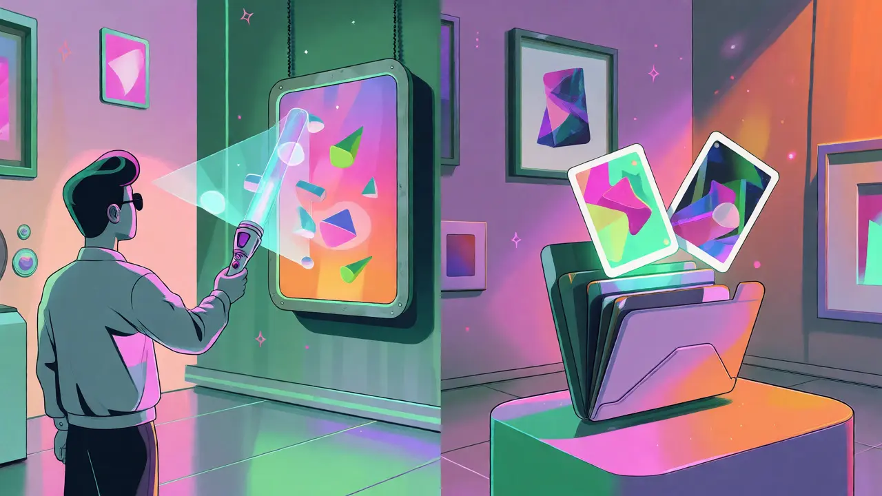 User creating AI art that transforms into NFTs in a digital gallery