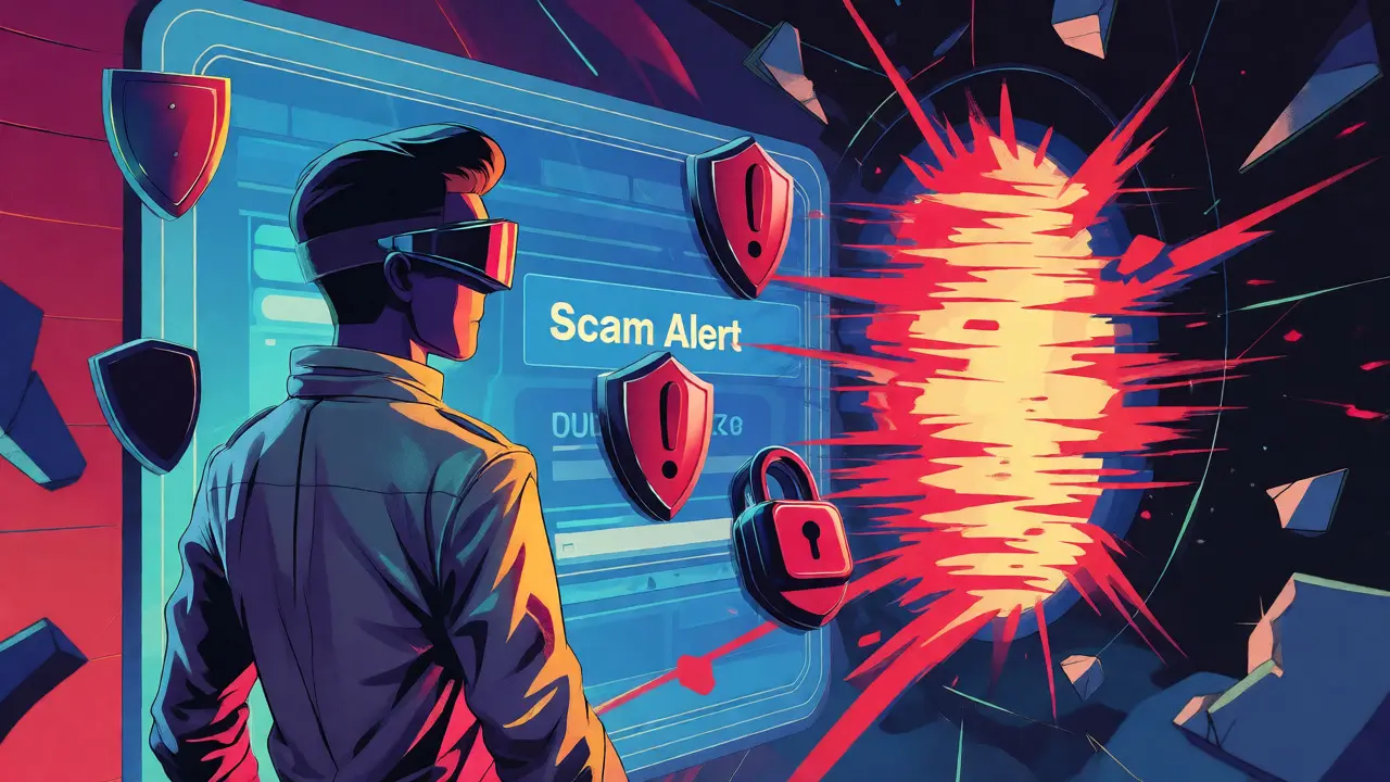User facing a glitchy phishing portal with warning shields in retro style