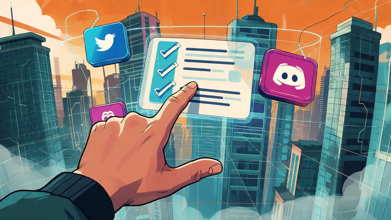 User interacting with virtual airdrop tasks in a stylized metaverse environment.