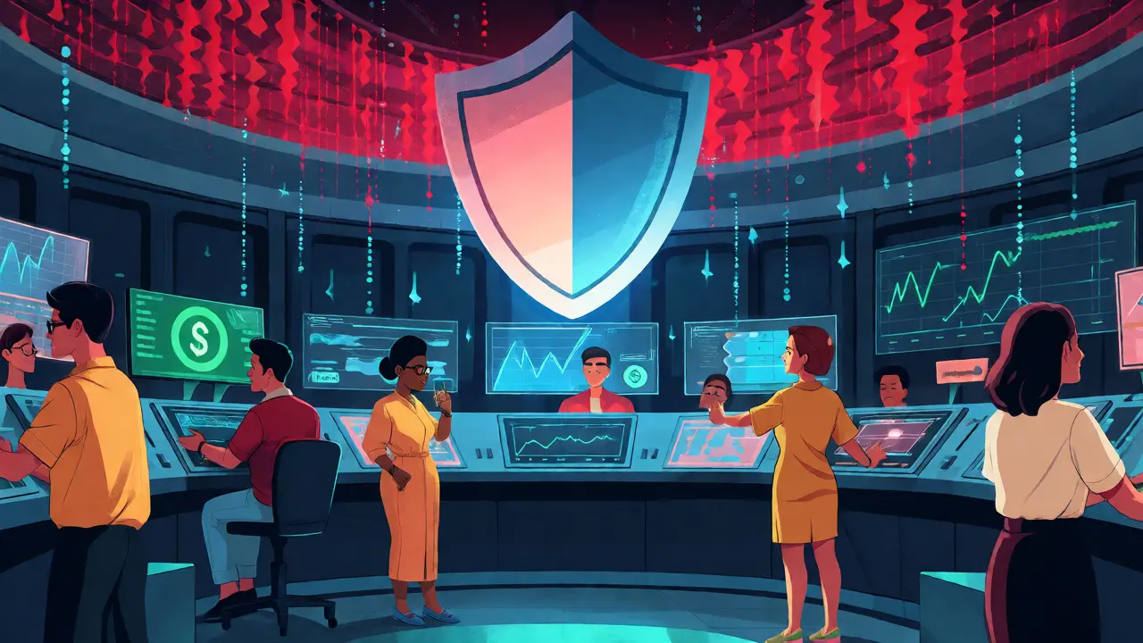 Users in a futuristic control room interacting with crypto graphs under a protective regulatory shield.