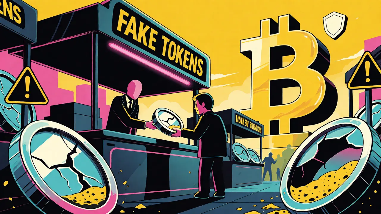 A buyer receiving a cracked, empty coin from a shady vendor, contrasted with a solid Bitcoin monument in the background.