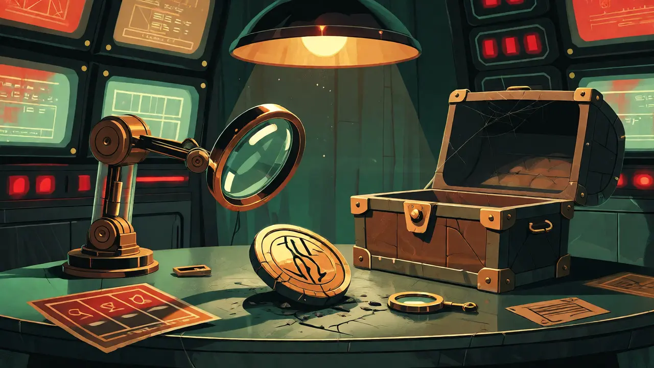 A detective examining a broken token and empty chest with retro-futuristic tech.