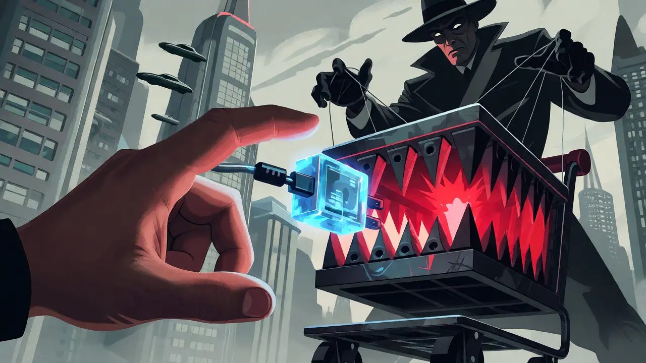 A digital wallet plugging into a menacing shopping cart trap controlled by a shadowy figure.