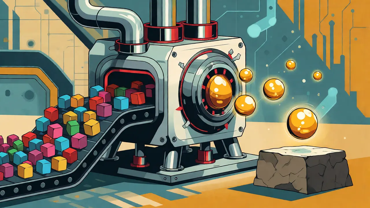 A retro machine compressing many transaction cubes into single batch spheres for Layer 1.