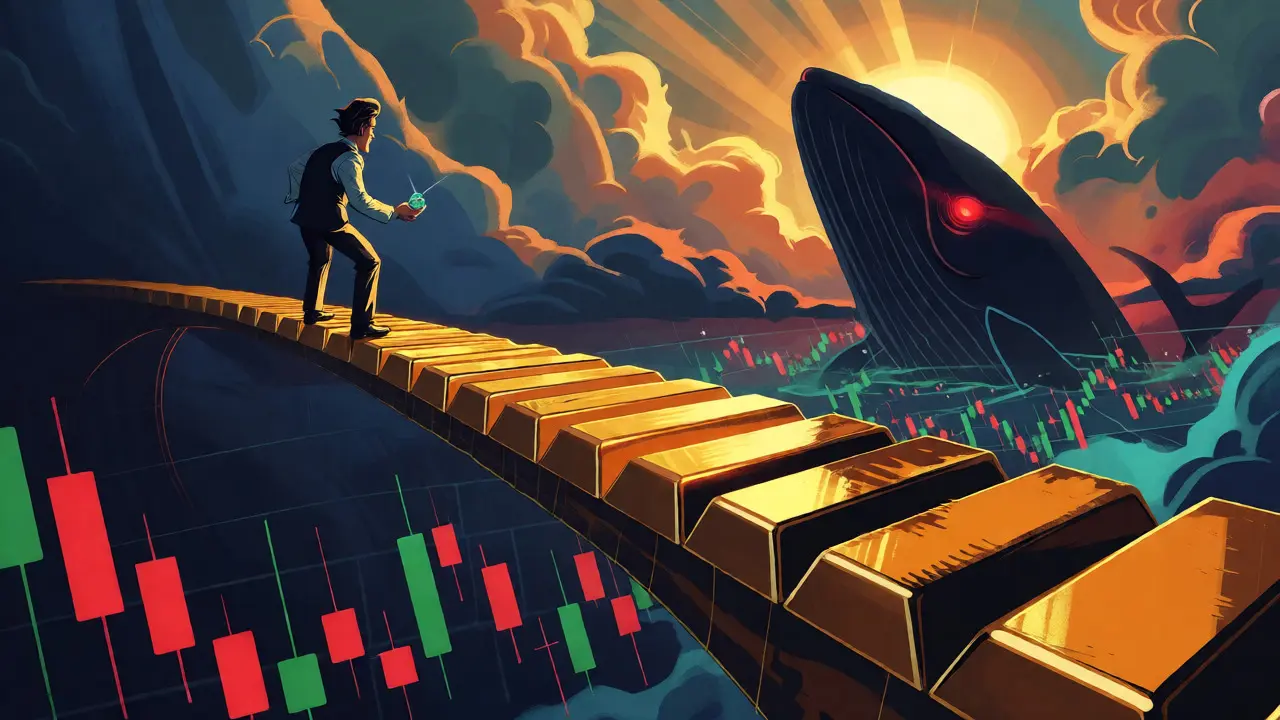 An investor stands on a gold bridge over volatile charts while a whale silhouette looms in the background.