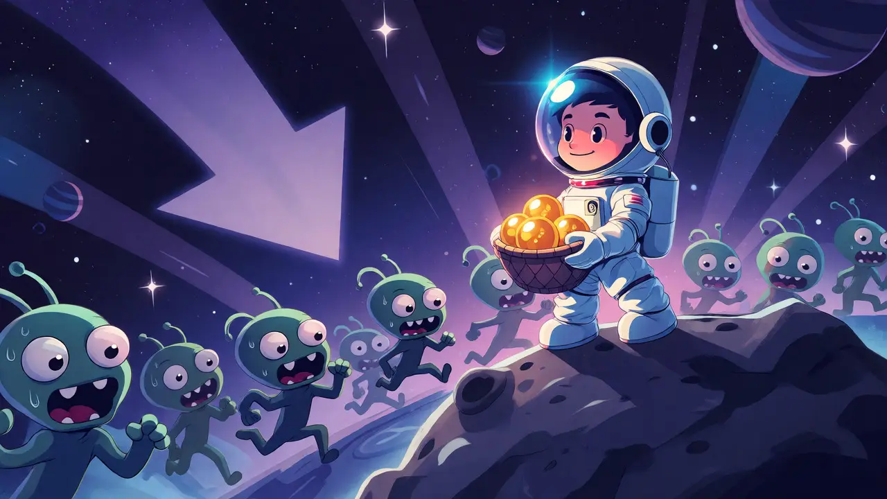 Astronaut calmly collecting assets while others flee in panic