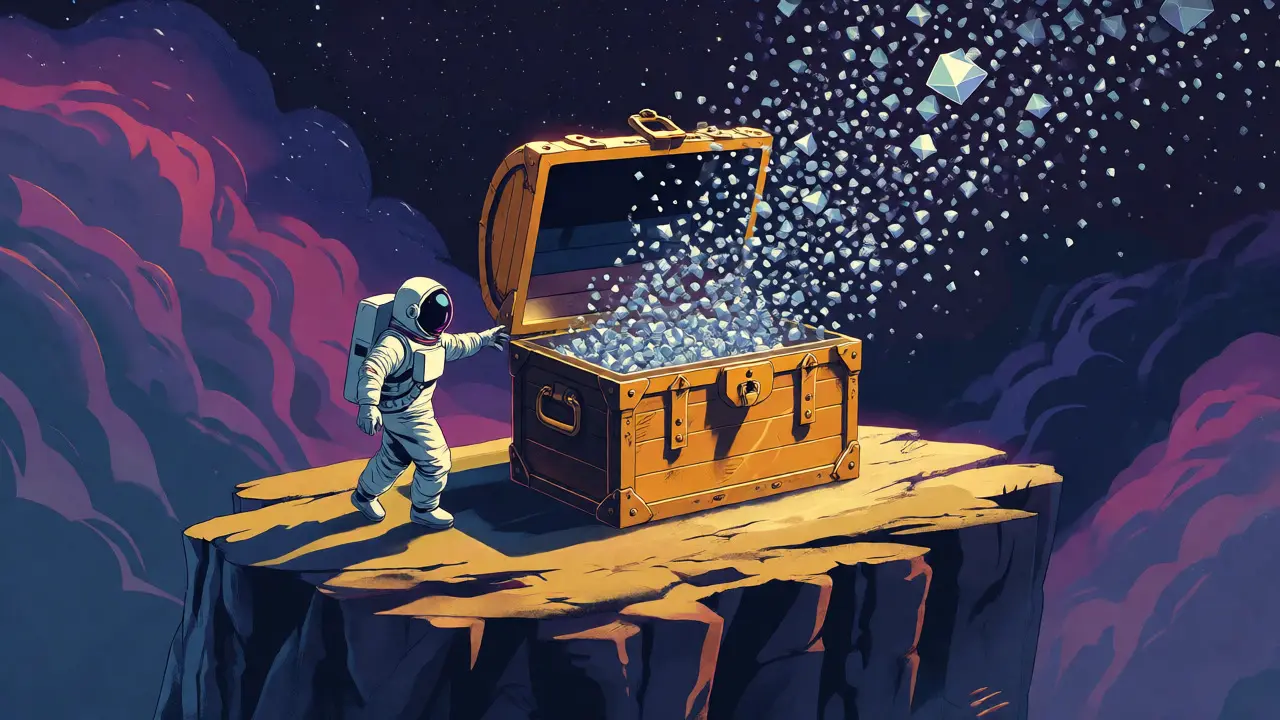 Astronaut facing treasure chest releasing tiny particles into abyss