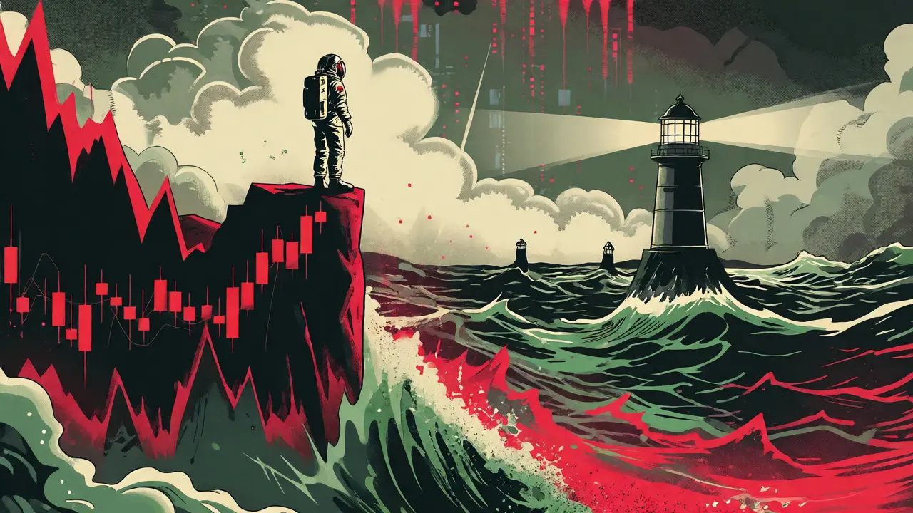 Astronaut on volatile crypto chart cliffs facing a turbulent market sea