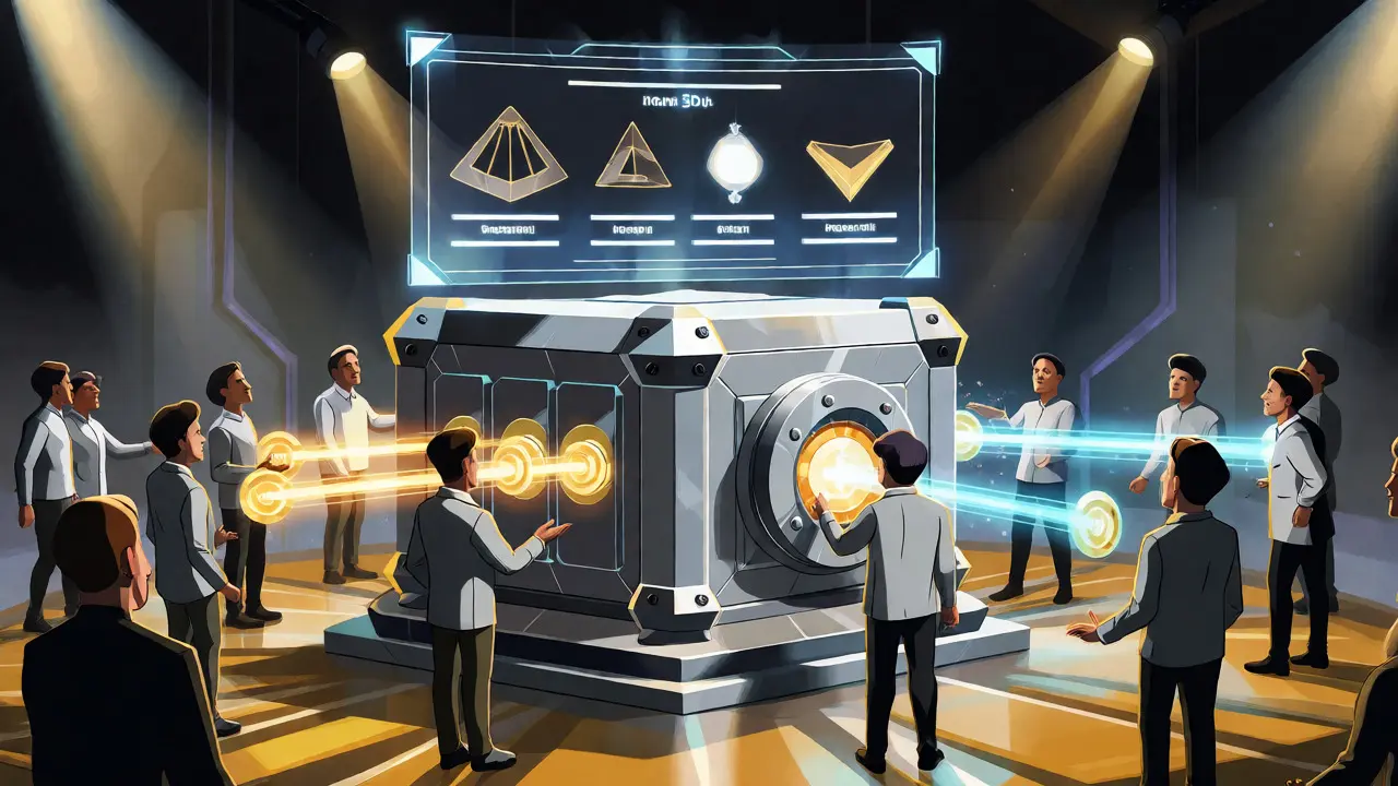 Avatars staking tokens into a crystal vault for DAO governance voting