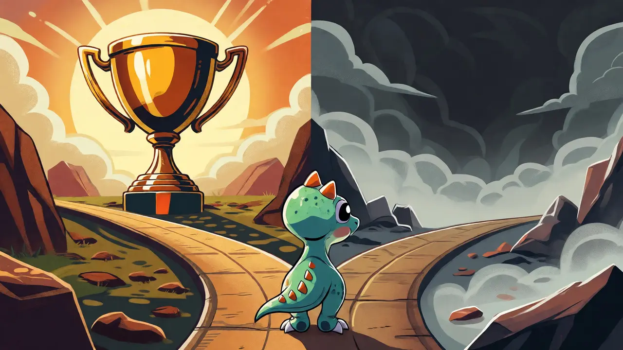 Baby dinosaur choosing between a golden trophy path and a foggy risk path.