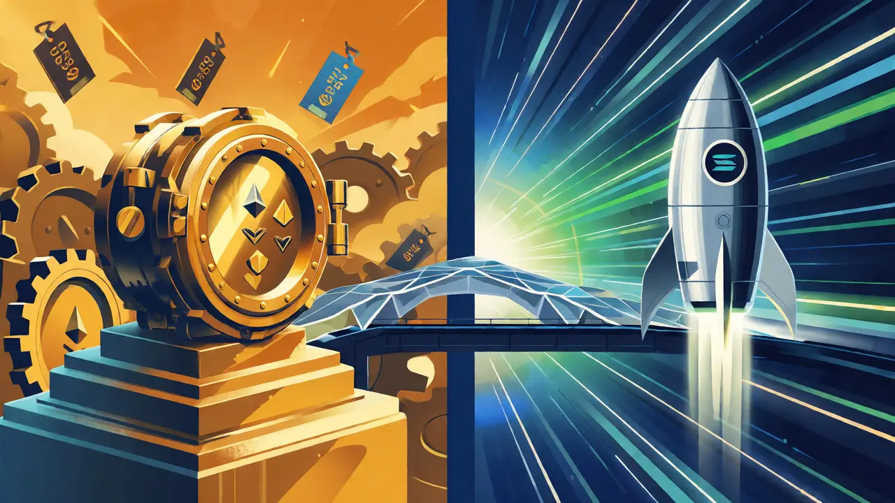 Comparison of Ethereum and Solana blockchains in retro-futuristic cartoon style