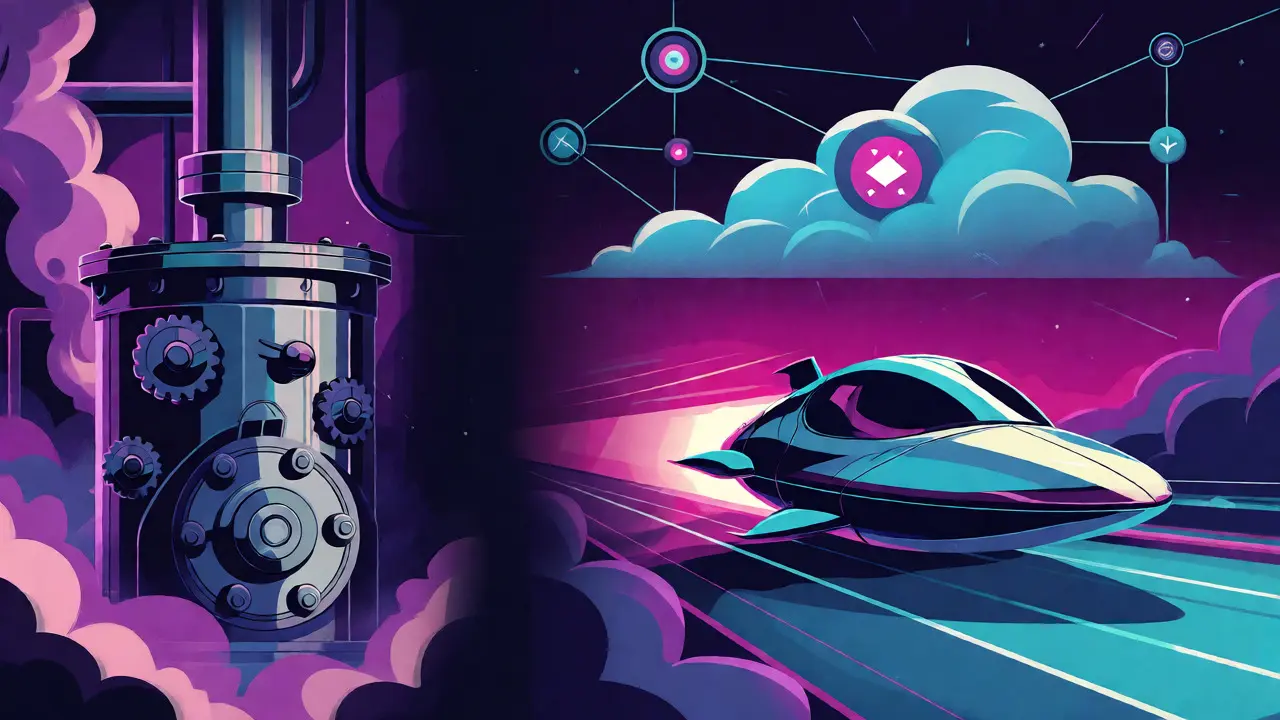 Comparison of slow proof-of-work machinery and fast proof-of-stake technology