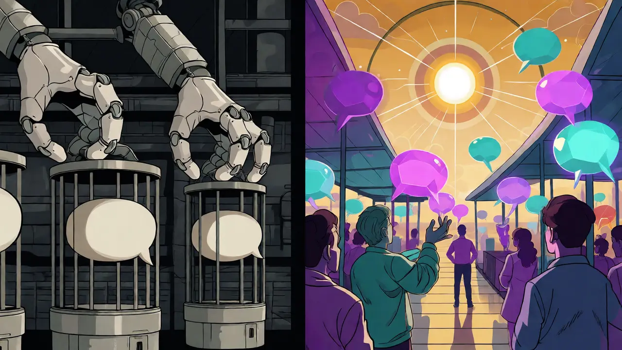 Contrast between centralized data control and decentralized ownership in cartoon style