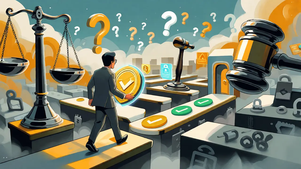 Creator navigating regulatory mazes with a token shield in retro-futuristic art